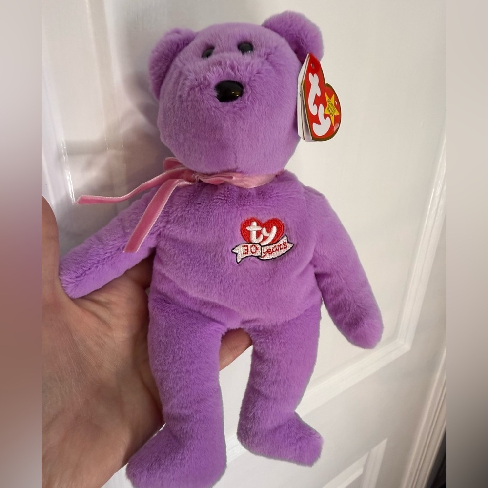 Ty 30th Anniversary Lavender Plush Bear with Pink Ribbon - Picture 1 of 5